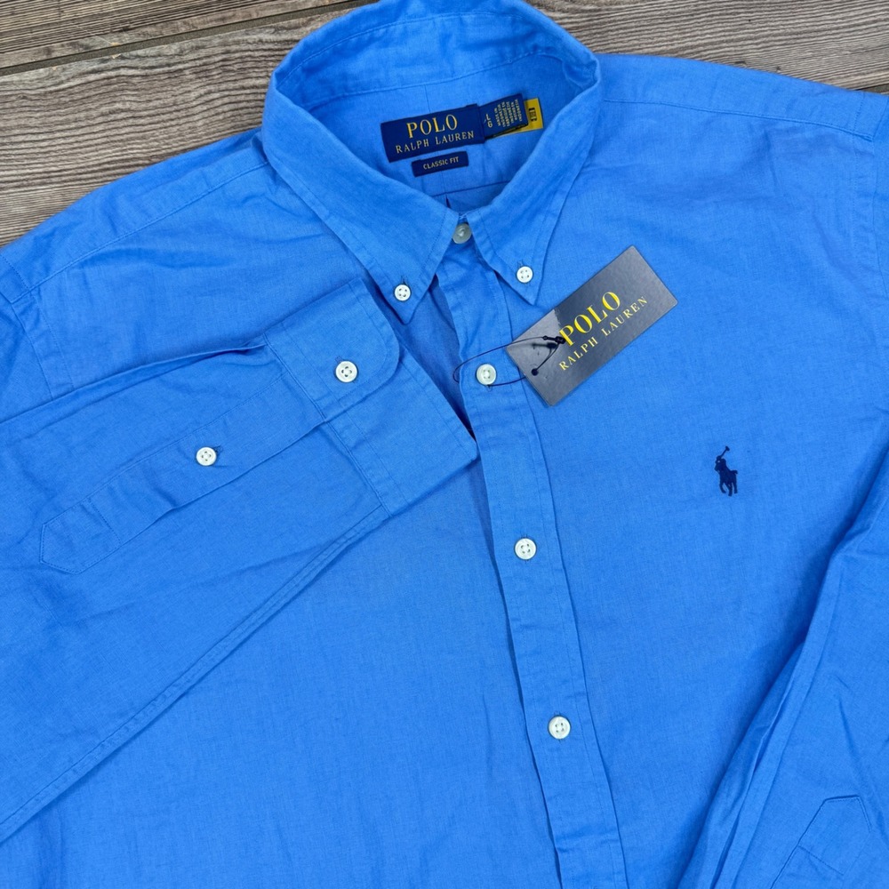 Polo Ralph Lauren Mens Large Button Down Shirt Blue Linen Blend Classic Fit NEW - Picture 7 of 7